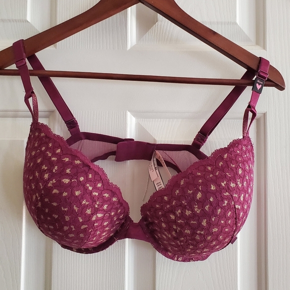 Victorias Secret Berry Gold SHIMMER Lace Mesh ExtremeLift Plunge PU UW Bra 36DD - Picture 4 of 7